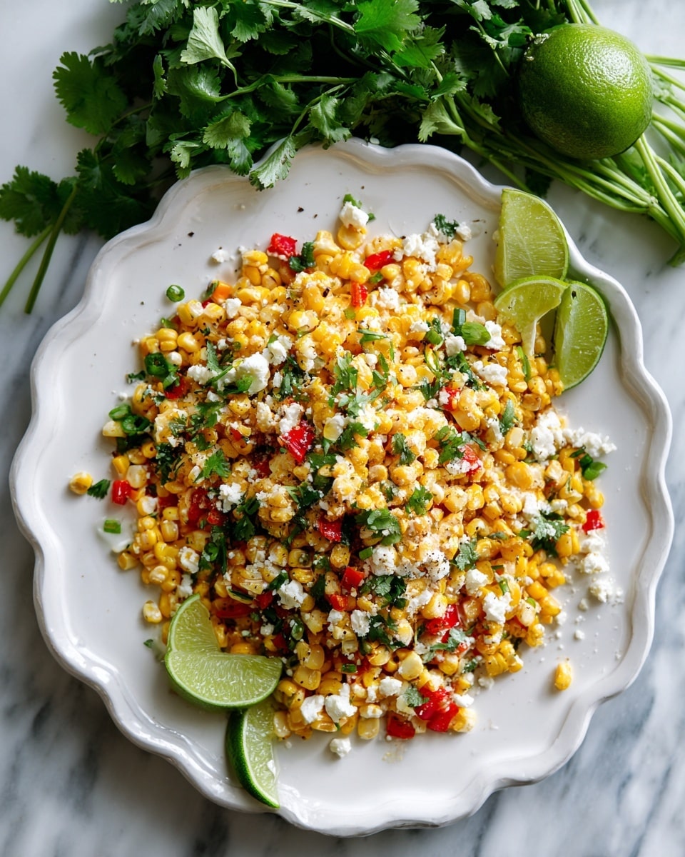 A white decorative dish filled with a colorful mix of shredded chicken, yellow corn kernels, chopped green onions, red bell peppers, and fresh green cilantro leaves. The dish is topped with small crumbles of white cheese and garnished with two slices of bright green lime on opposite corners. A silver spoon is partially buried in the mixture near the bottom right of the dish. The setting has a white marbled surface, with fresh cilantro bunches and whole limes in the background. photo taken with an iphone --ar 4:5 --v 7