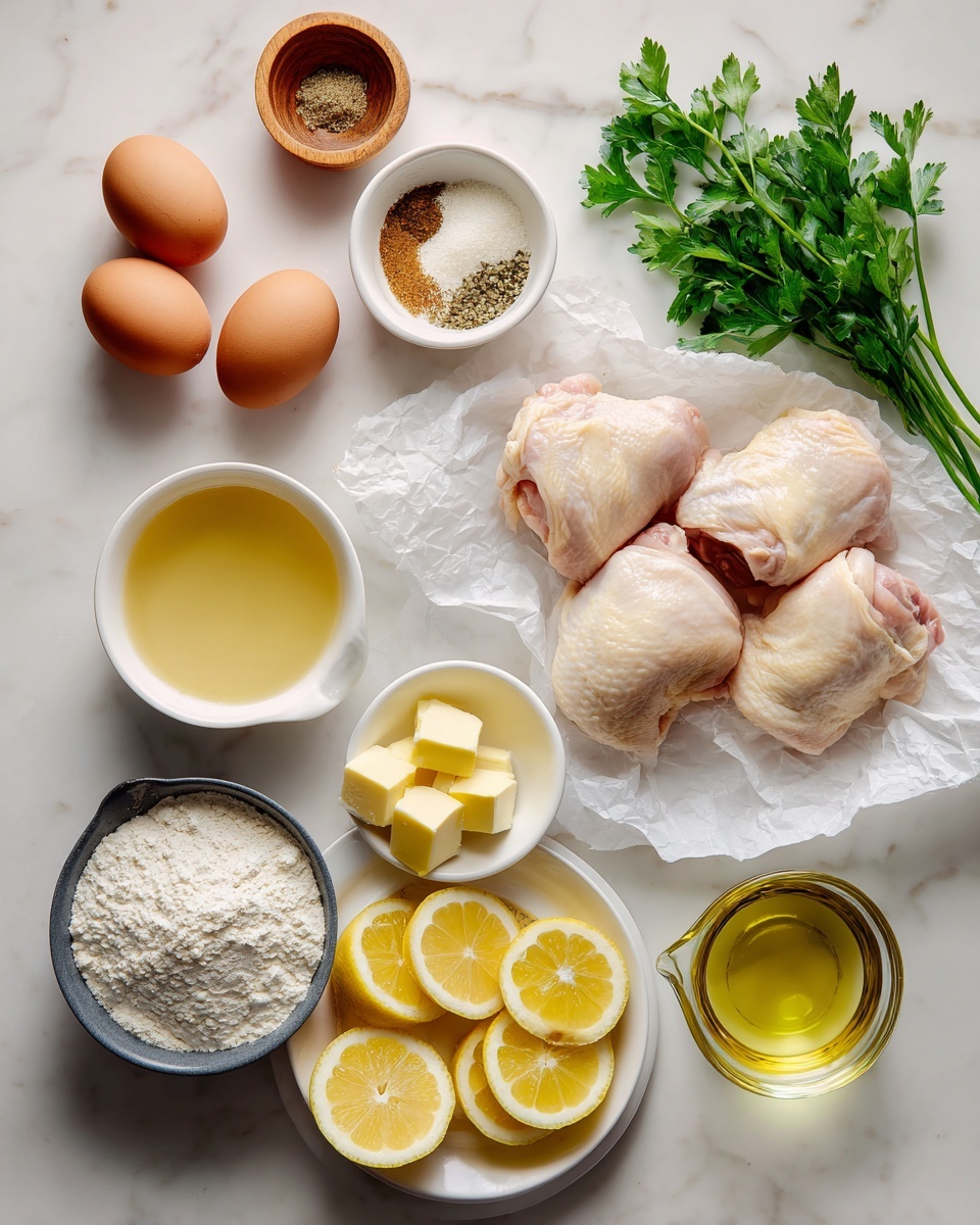 The image shows an arrangement of raw ingredients on a white marbled surface. At the center right, there are four raw chicken pieces placed on crumpled white parchment paper, pale pink and smooth in texture. To the right of the chicken, a bunch of fresh green parsley sits beside three small white bowls holding golden yellow butter cubes, bright yellow olive oil, and pale lemon juice. Below the chicken, a white plate holds several thin lemon slices, pale yellow with a juicy texture. To the left side, there are three brown eggs grouped together with a white bowl of fine white flour nearby. Above the eggs, a small wooden bowl is filled with a mixed spice blend, brown and speckled. Next to it, a small white bowl contains granulated garlic powder. Below this, a glass measuring cup is filled with golden chicken broth. Near the bottom left, a small dark gray bowl holds coarse salt, and a small glass holds a clear pale yellow liquid, likely oil or vinegar. Each item is neatly placed in a well-lit, clean, and organized flat-lay style. Photo taken with an iphone --ar 4:5 --v 7
