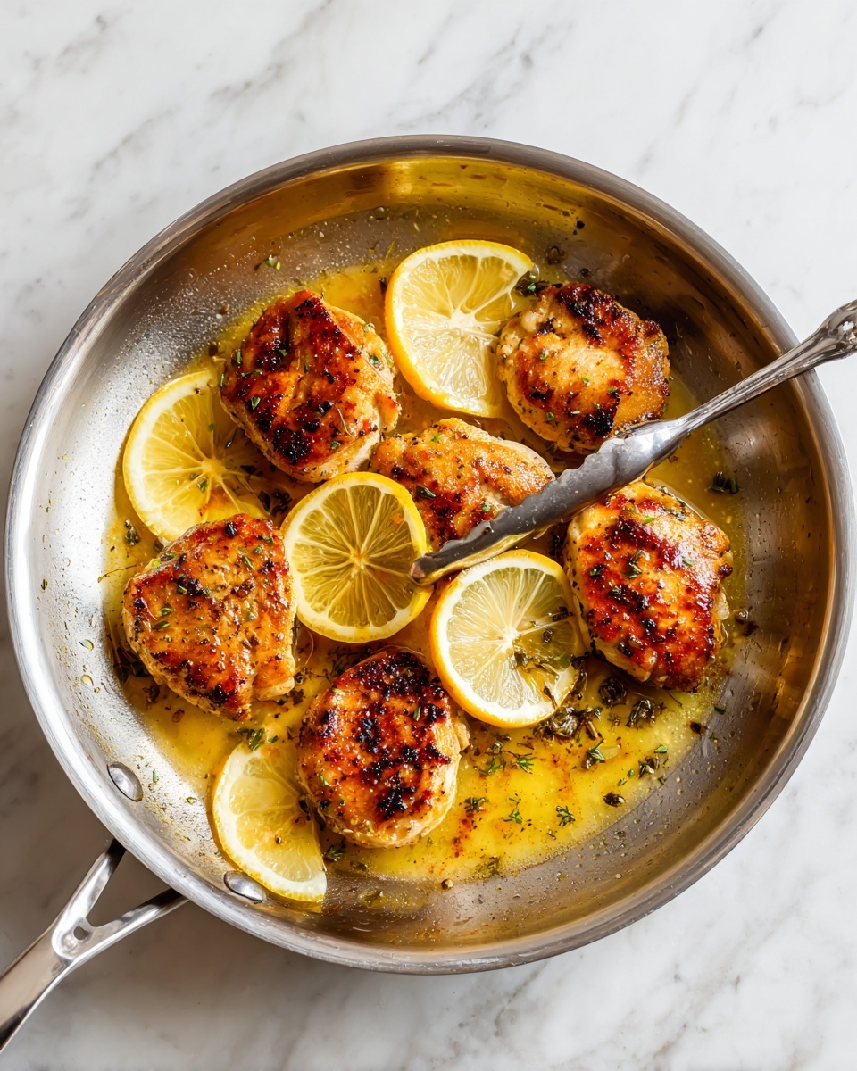 A round stainless steel pan with a long handle and sharp edges holds five golden-brown cooked pieces of chicken arranged in a circle. The chicken pieces have a slightly crispy, browned surface with some darker char marks. Between and on top of the chicken slices are five thin lemon slices adding a bright yellow contrast. A light yellow sauce with a glossy texture covers some parts of the chicken and pools at the bottom of the pan. A metal tong is partly visible, gripping one piece of chicken. The pan sits on a white marbled surface with slight gray veins, creating a clean and simple background. Photo taken with an iphone --ar 4:5 --v 7