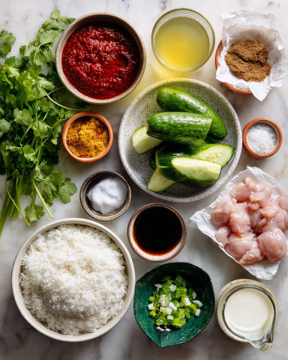 On a white marbled surface, there is a white pot filled with cooked white rice on the bottom left. Next to it, a bunch of fresh green cilantro rests to the top left. In the center, a white bowl holds large, green cucumber pieces with textured skin and light centers. Around it, several small bowls and dishes contain colorful ingredients: bright red tomato paste on a white speckled dish, dark soy sauce in a small white bowl, white salt crystals in a clear dark dish, crushed red chili peppers in a small bronze bowl, and light green chopped scallions in a white bowl. On the right side, raw pink chicken pieces sit on crumpled white paper inside a white square dish. Above this are brown sugar in a small dark green bowl, minced garlic on a white dish with an orange rim, and thick white coconut milk in a clear glass measuring cup. A small glass container with pale yellow liquid is near the rice pot. The overall setup is neat, colorful, and fresh. photo taken with an iphone --ar 4:5 --v 7