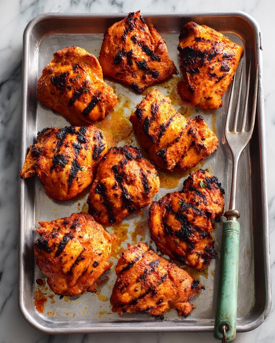 The image shows eleven pieces of grilled chicken thighs placed on a silver metal baking tray. Each chicken thigh has a rich orange-red color with black grill marks and some charred spots, making them look smoky and cooked well. The pieces are arranged unevenly but closely on the tray, and the tray has some oil stains and grilled juices around the chicken. On the right side of the tray, there is a long silver fork with a worn green handle resting partly on the tray. The background is a white marbled texture. photo taken with an iphone --ar 4:5 --v 7