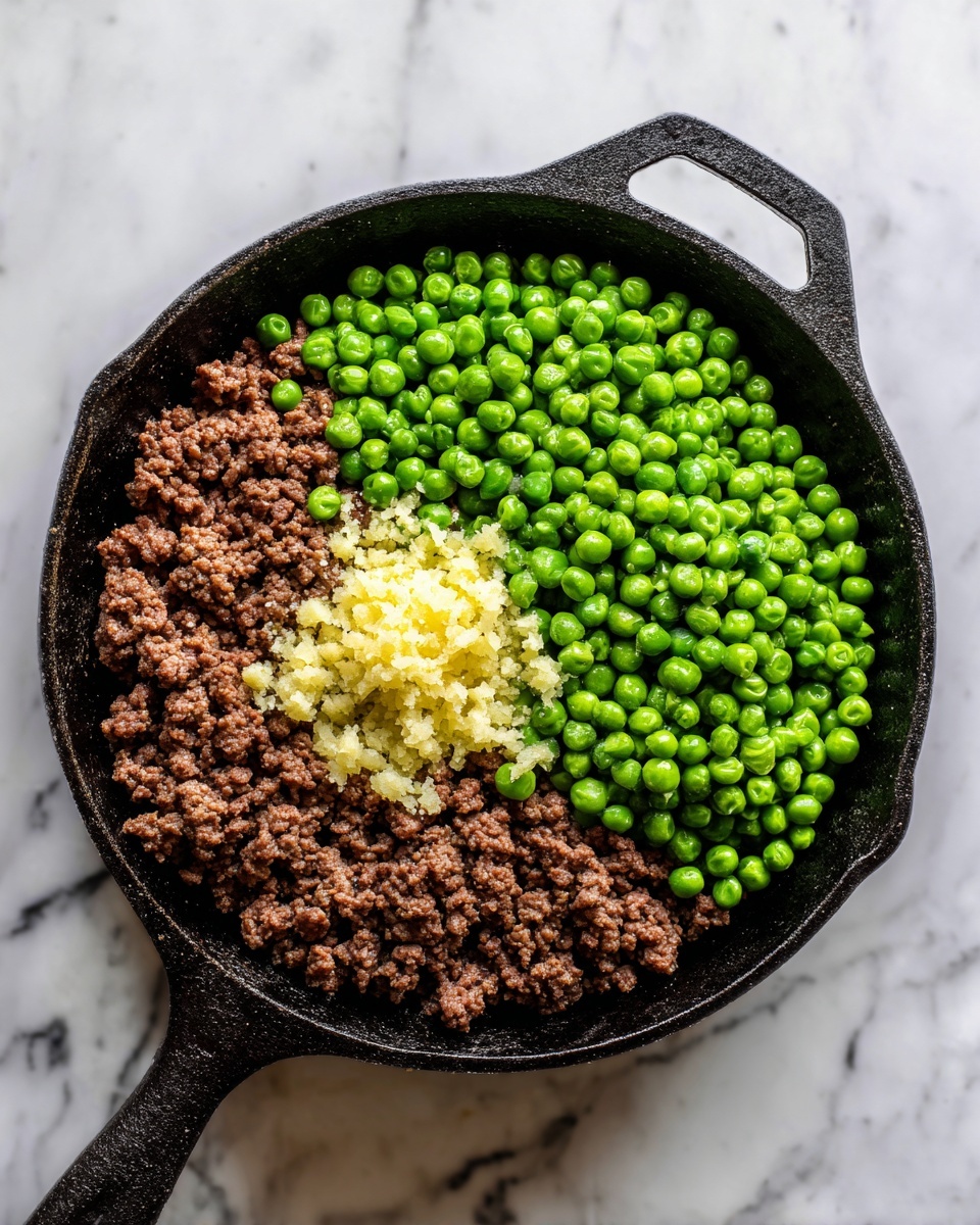 A black cast iron skillet holds three main layers of food, placed on a white marbled surface. The bottom layer is cooked brown ground meat spread evenly around the skillet. On the right side of the meat is a large pile of bright green frozen peas, showing frost on their smooth round surfaces. In the center top of the skillet, on the brown meat, is a small pile of finely chopped pale yellow garlic. The skillet's handle extends to the left side of the image. photo taken with an iphone --ar 4:5 --v 7
