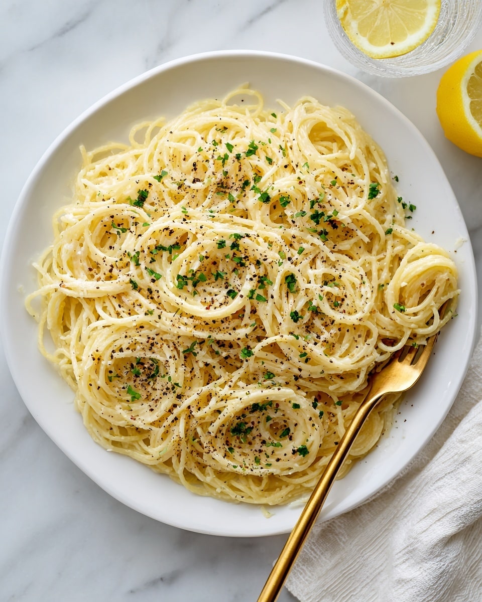 A white plate is filled with a large nest of creamy spaghetti noodles. The noodles are pale yellow and smooth, layered thickly to cover the plate. On top, there is a light sprinkle of black pepper and finely chopped green herbs scattered evenly. A golden fork rests on the right side, slightly tangled in the noodles. The plate sits on a white marbled surface with a clear glass and a lemon placed near the top right corner. A white cloth is partially visible at the bottom right side of the image. Photo taken with an iphone --ar 4:5 --v 7