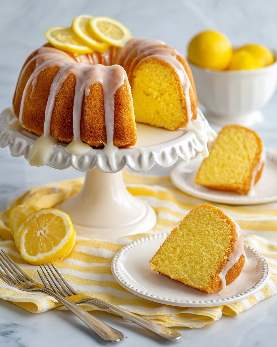 A lemon bundt cake is shown with one thick ring-shaped cake on a white cake stand with a scalloped edge. The cake is yellow with a smooth, glazed sugary layer on the side and some icing dripping down. Two lemon slices rest on the cake stand next to the cake. In the background, a white bowl holds a few whole lemons. Two slices of cake with the same yellow color and glaze are placed on white round plates in front, set on a yellow and white striped cloth on a white marbled surface. Three forks lie nearby. The scene is bright and clean. Photo taken with an iphone --ar 4:5 --v 7