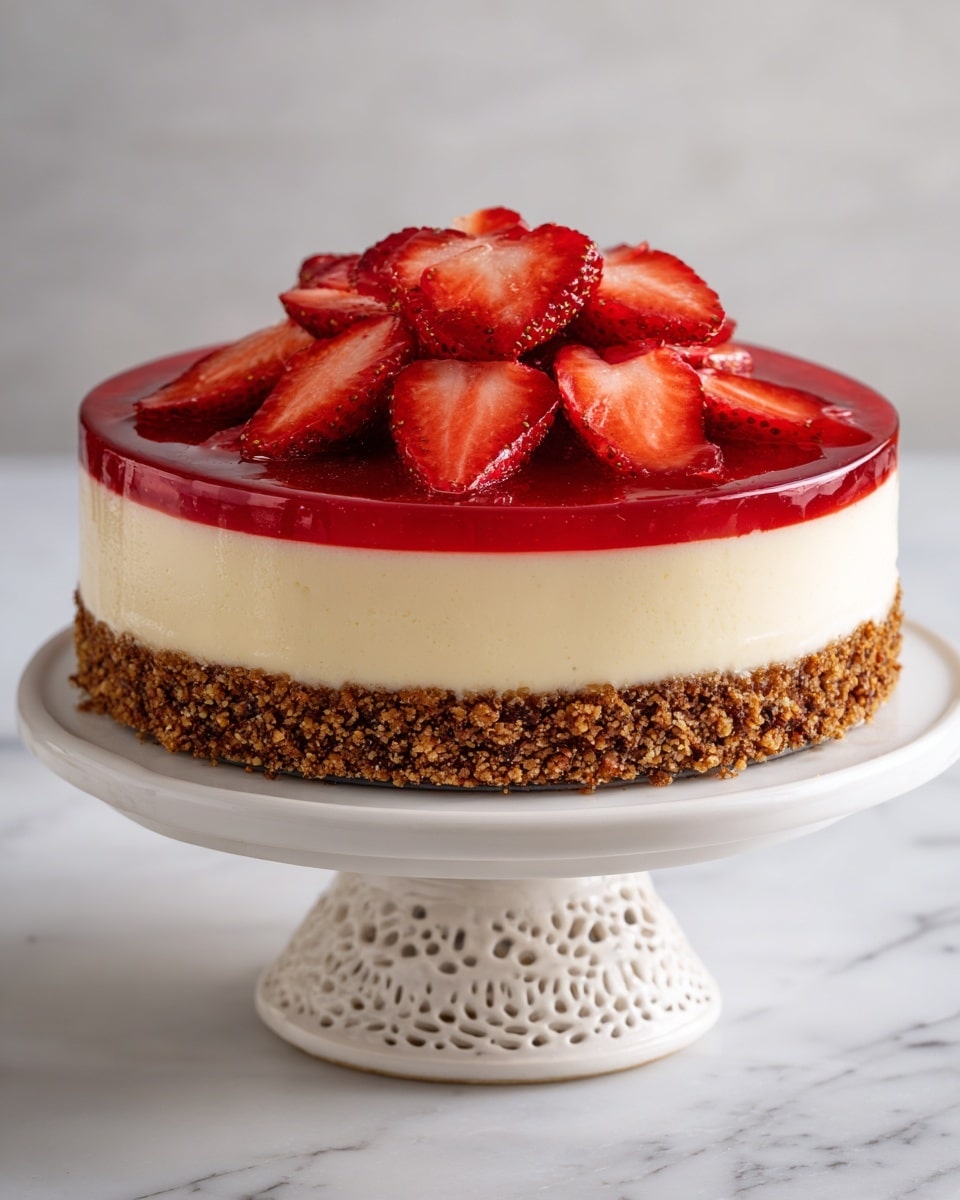 The image shows a round, three-layered cake on a white decorative cake stand with a white marbled background. The bottom layer is a crumbly, brown crust made of small pieces that look crunchy. The middle layer is thick and creamy with a pale yellow color and smooth texture. The top layer is a glossy red jelly with sliced strawberries embedded inside, creating a bright and shiny finish. photo taken with an iphone --ar 4:5 --v 7