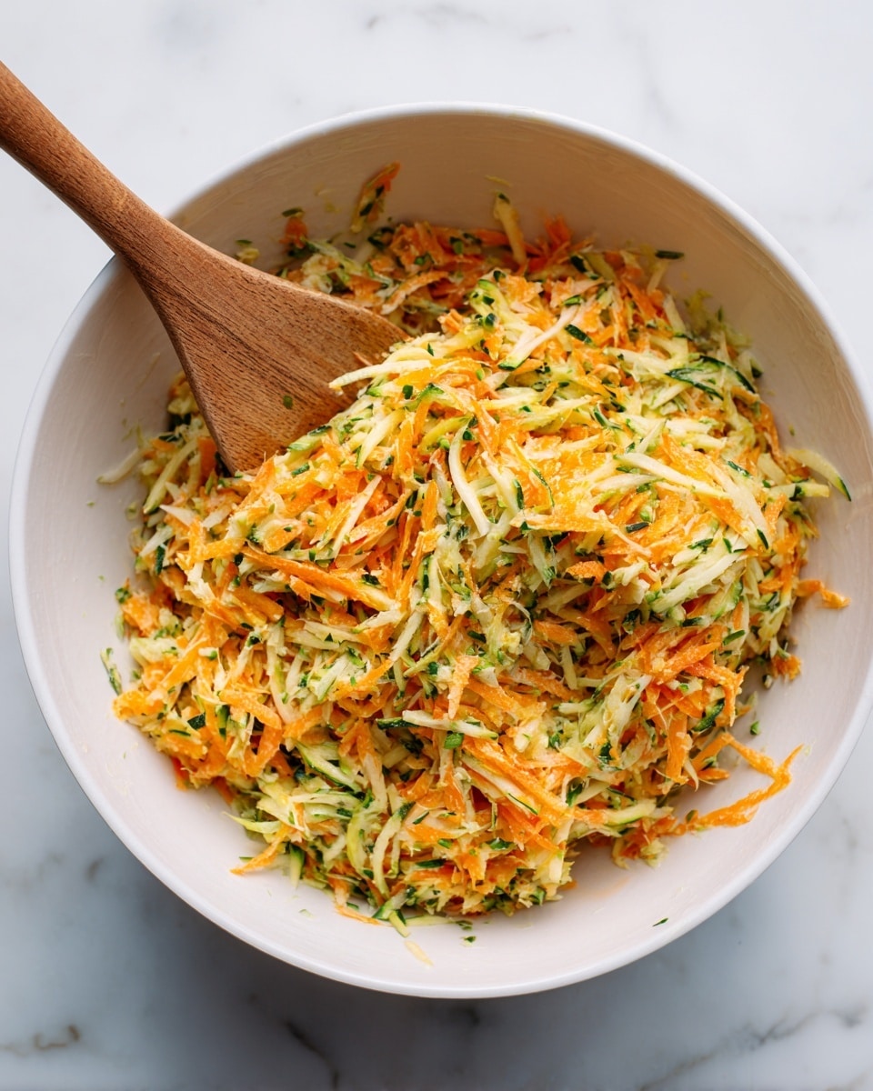 A white bowl filled with shredded vegetables in two main colors: bright orange and pale green with white. The orange is thinly grated carrots, mixed with thinly shredded pale green and white pieces of zucchini. A wooden spoon is partially visible, resting inside the bowl and mixing the vegetables. The bowl sits on a white marbled surface, adding a clean and fresh look. photo taken with an iphone --ar 4:5 --v 7