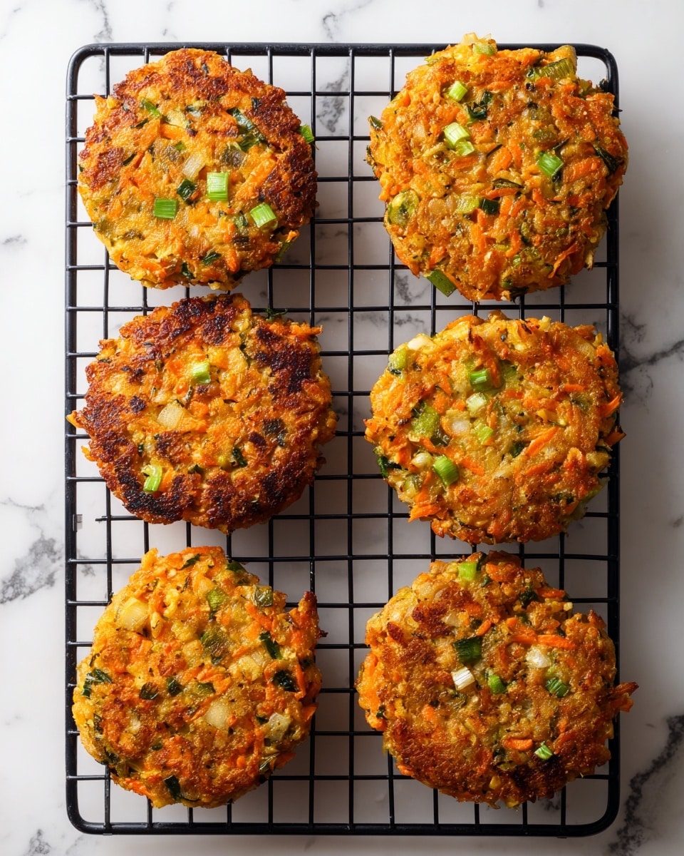 Six round vegetable patties with golden brown and slightly crispy edges rest evenly spaced on a black metal cooling rack. Each patty shows a mix of orange and green colors from shredded vegetables like carrots and chopped green onions, with a textured surface that looks slightly crunchy. The cooling rack is placed on a white marbled texture, creating a clean background that makes the patties stand out. Photo taken with an iphone --ar 4:5 --v 7
