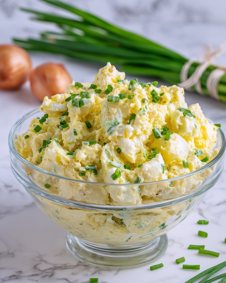 A clear glass bowl filled with a soft, chunky potato salad that is light yellow in color with small bits of finely chopped white onion mixed in. Small bright green chive pieces are sprinkled evenly over the top, adding a fresh pop of color. The salad has a slightly mashed texture with some potato pieces holding their shape. The bowl is placed on a white marbled surface, and in the background, there is a bundle of green onions tied with a white string and a small shallot placed on the white marbled texture photo taken with an iphone --ar 4:5 --v 7