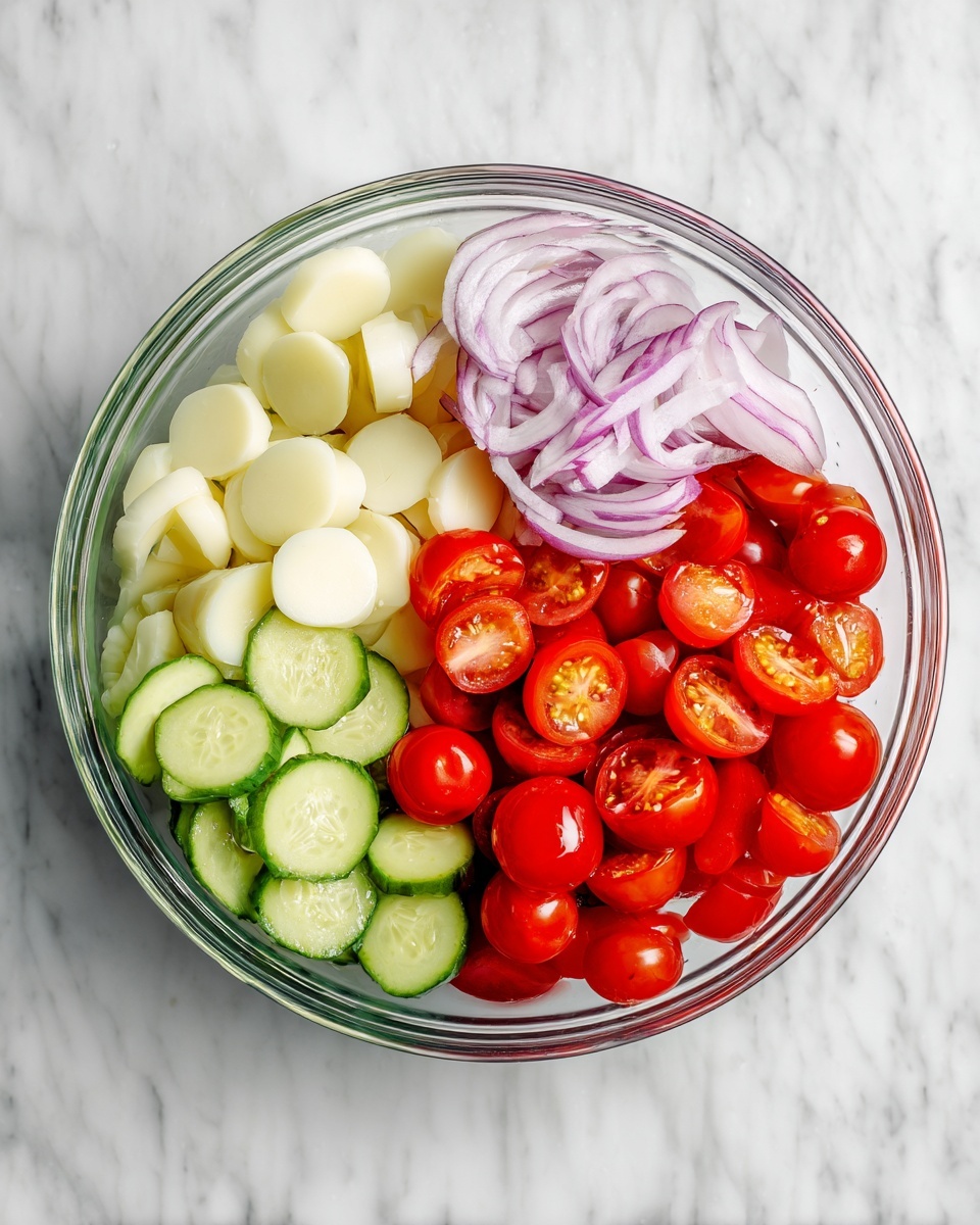 A clear glass bowl sits on a white marbled surface, filled with four visible layers of fresh vegetables. On the bottom right layer, there are bright red cherry tomatoes, some whole and some cut in half, showing their juicy interiors. To the left of the tomatoes, thin light purple slices of red onion create a textured layer. Above the tomatoes, small round slices of white hearts of palm form a thick layer, standing out with their pale color. On the far left edge, slices of fresh cucumber with bright green skin and light green flesh add a fresh touch. Photo taken with an iphone --ar 4:5 --v 7