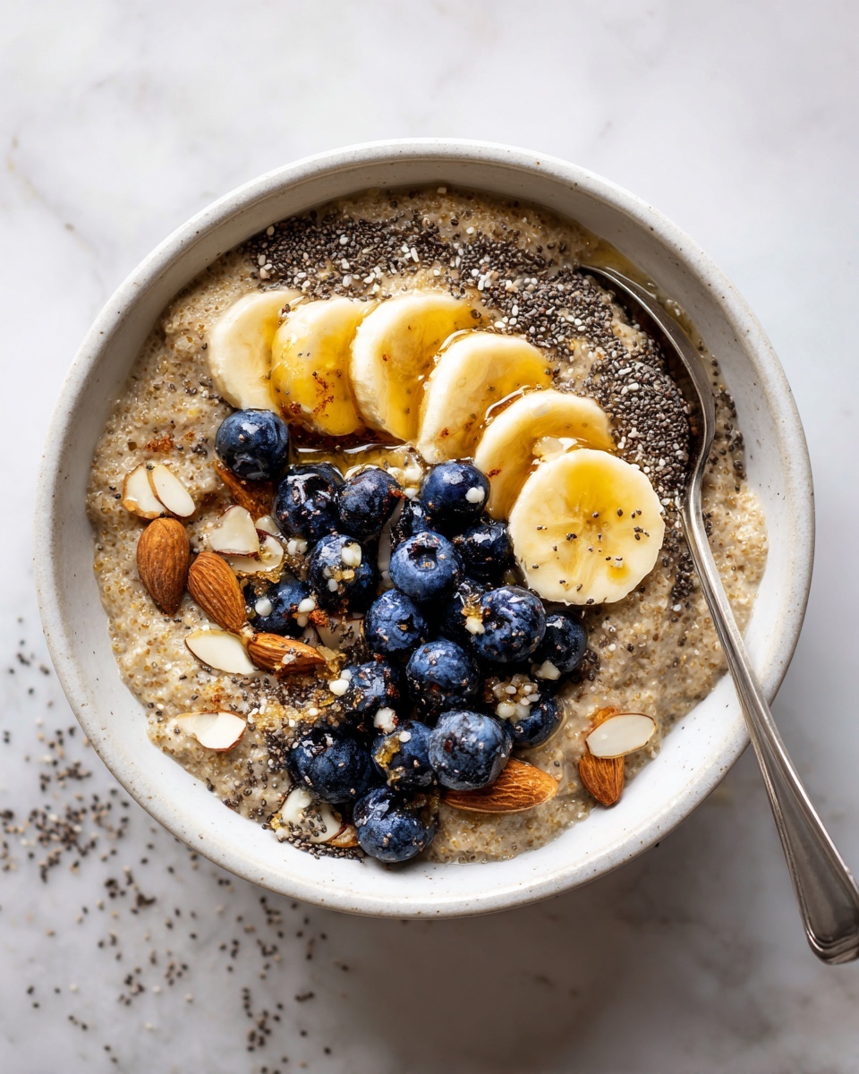 A white bowl sits on a white marbled surface filled with a thick, light brown oatmeal base. On top, there are several pale yellow banana slices layered evenly, with a scattering of dark blue blueberries and light brown almond slices. Small black chia seeds are sprinkled throughout the dish. Golden honey is being drizzled over the top with a honey dipper, creating a shiny, sticky texture among the fruits and oats. photo taken with an iphone --ar 4:5 --v 7