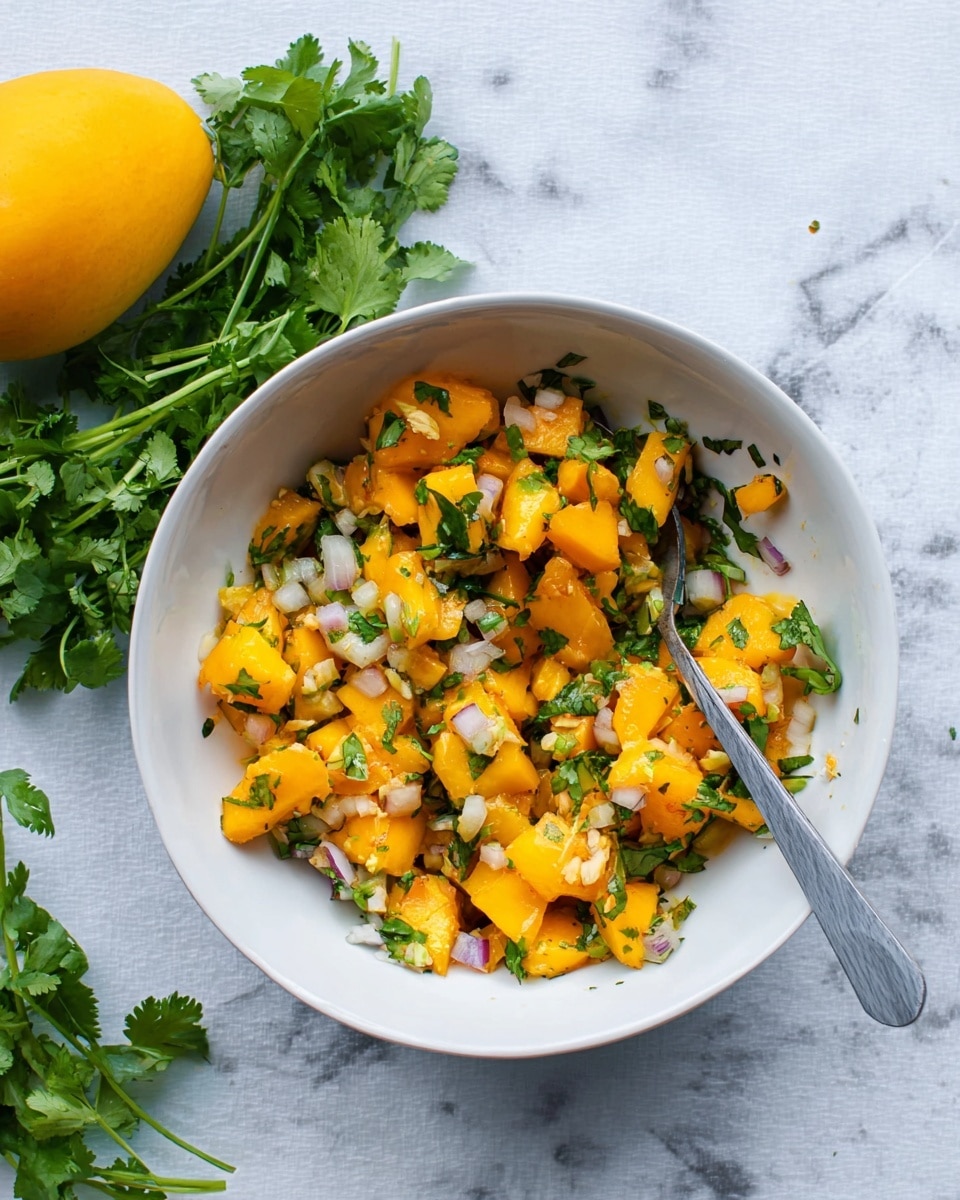 A white bowl on a white marbled surface contains a colorful mixture of bright orange mango chunks, small diced white onions, and fresh green cilantro leaves. The mango pieces are soft and juicy with some texture, while the onions add a crunchy contrast through their small square shape and pale color. The green cilantro is sprinkled evenly throughout, adding freshness and color contrast. A gray-handled spoon is partially placed inside the bowl, resting on the mix. At the top left corner, a whole yellow mango sits on the surface, and a bunch of fresh cilantro is placed at the bottom left side of the frame. Photo taken with an iphone --ar 4:5 --v 7