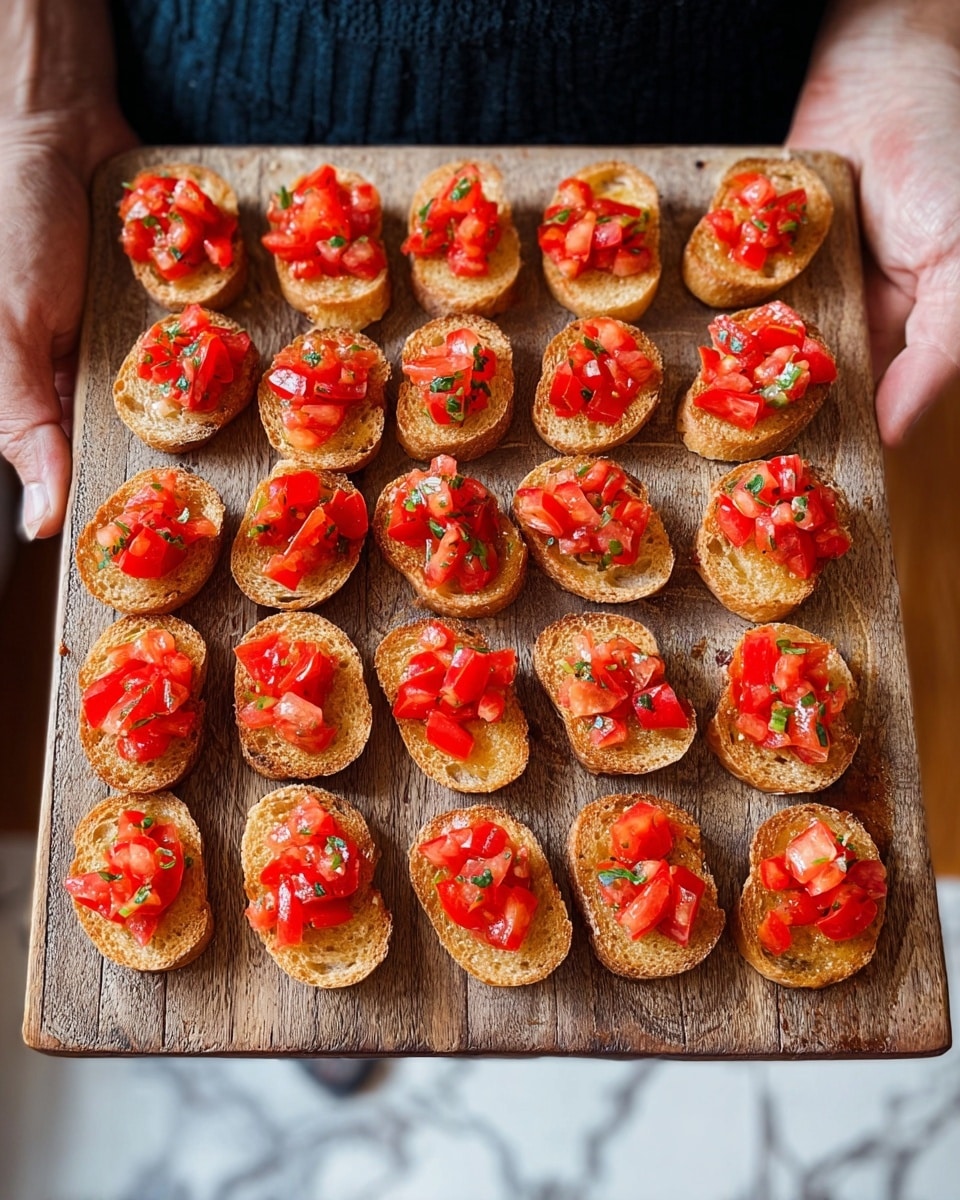 A person holds a rustic wooden board with 24 pieces of small toasted bread arranged in a grid of 4 rows and 6 columns. Each toasted bread slice is topped with chopped red tomatoes mixed with herbs and a light drizzle of oil, giving a shiny texture. The toasted bread has a golden brown color with a slightly rough surface. The person's skin tone is light, and the background is a white marbled texture. photo taken with an iphone --ar 4:5 --v 7