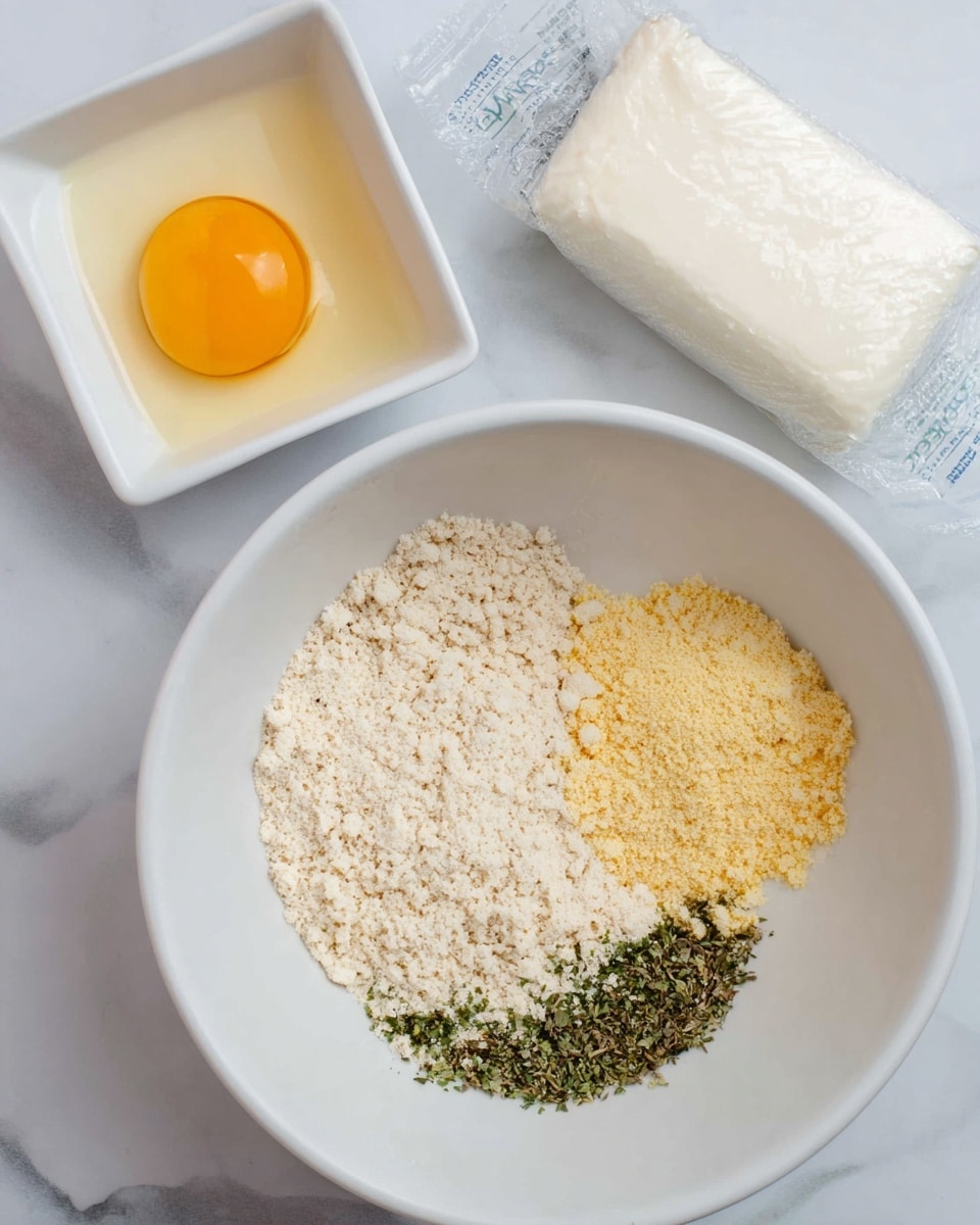 A white bowl filled with three main layers of dry ingredients: a light beige crumbly layer making up most of the bowl, a smaller yellow powdery mound on the right, and some finely chopped green herbs scattered at the bottom center. Above and to the left is a small white square dish containing a cracked raw egg, with a bright yellow yolk and clear egg white. To the right, there is a vacuum-sealed white block of mozzarella cheese resting on the white marbled surface. Photo taken with an iphone --ar 4:5 --v 7
