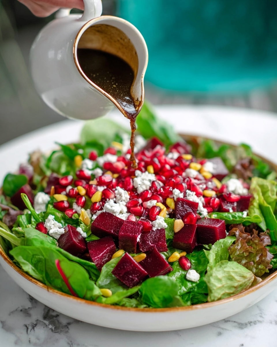 A fresh salad is shown in a white bowl with a white marbled texture surface underneath. The salad has three main layers starting with a base of leafy greens in different shades of green, including lighter and darker spinach and lettuce leaves. On top, there are many small red beet cubes spread evenly, mixed with bright red pomegranate seeds and scattered light yellow pine nuts. Small crumbles of white cheese are sprinkled over the whole salad. A woman's hand pours a dark brown dressing from a small white pitcher onto the salad. The background is softly blurred with green and blue colors. photo taken with an iphone --ar 4:5 --v 7