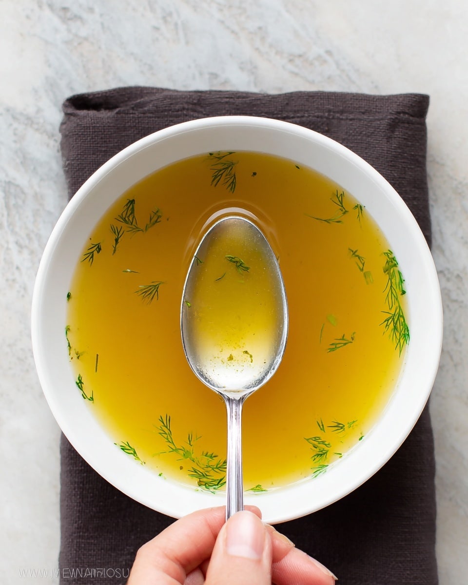 A white bowl filled with clear golden broth garnished with small green dill sprigs floating on the surface. A silver spoon with a long handle holds some broth in the center of the bowl, and a woman's hand grips the spoon at the bottom edge. The bowl sits on a folded dark cloth on a white marbled surface. The shot is taken from above, showing the smooth texture of the broth and the delicate dill leaves. photo taken with an iphone --ar 4:5 --v 7