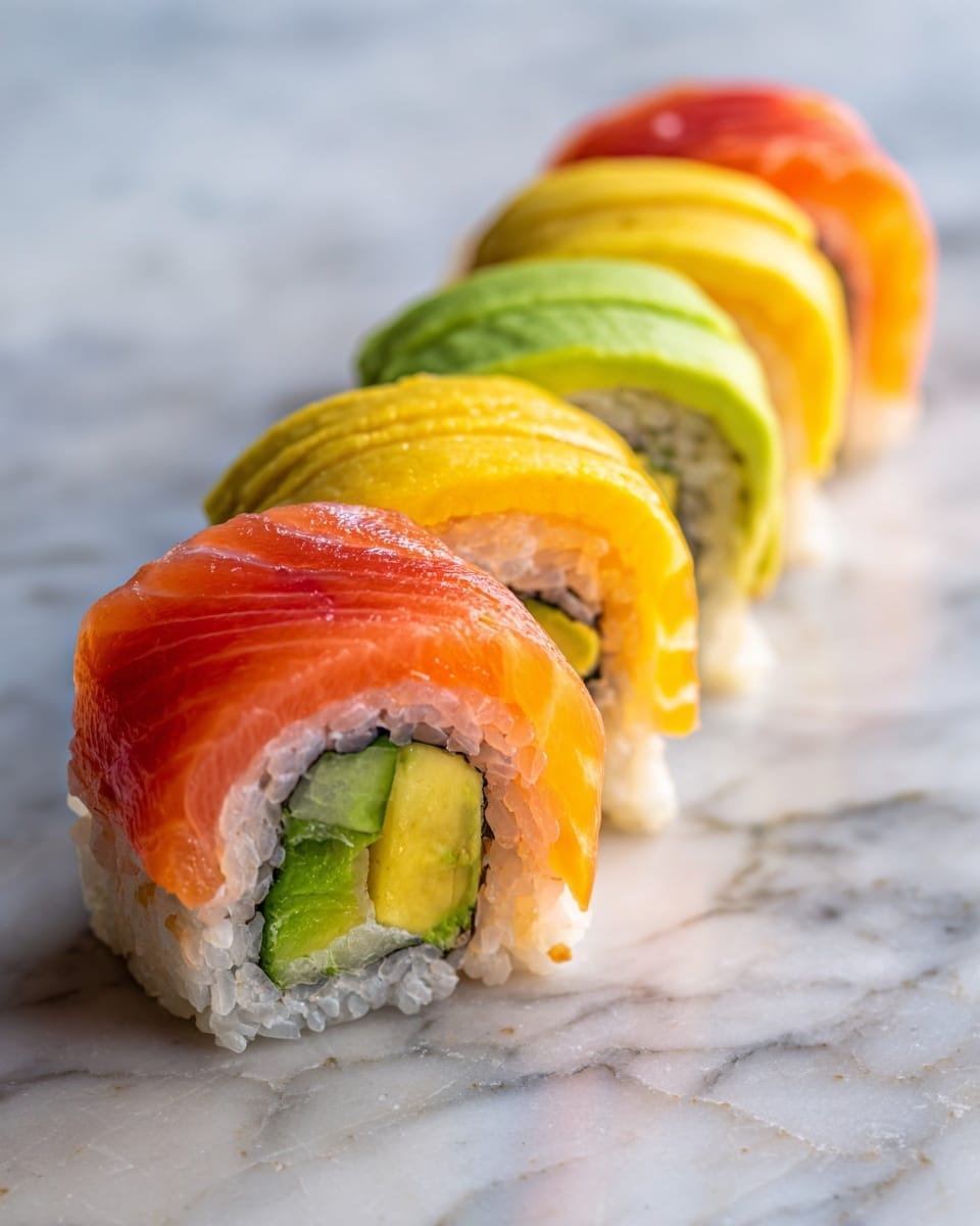 A sushi roll is shown with six visible layers on top, alternating in colors: yellow, orange, pale green, bright yellow, pale green, and orange. The roll's front shows a layer of orange fish wrapped around white rice, with inner fillings of green cucumber and yellow avocado. The sushi is placed on a white marbled surface. photo taken with an iphone --ar 4:5 --v 7