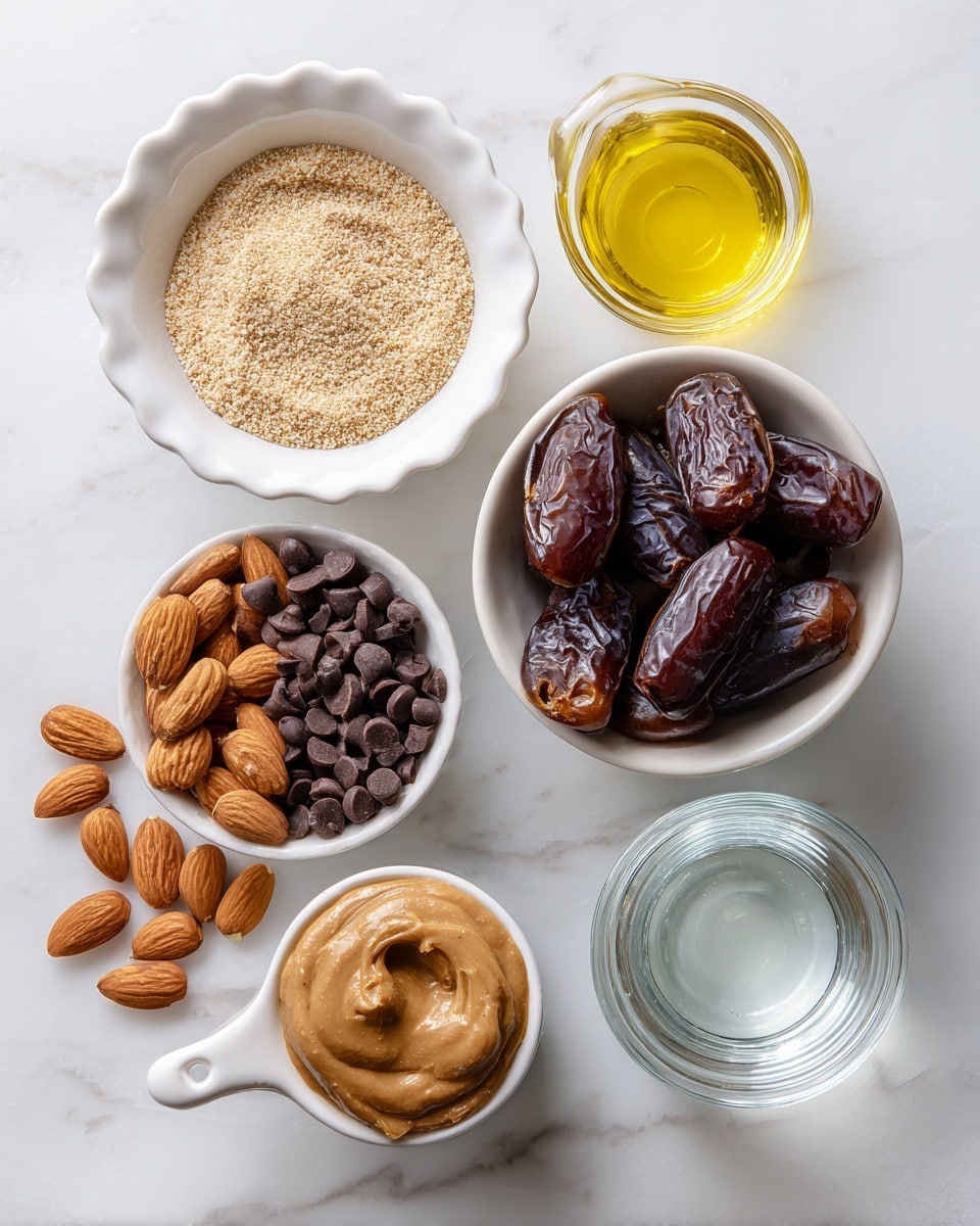 The image shows six white bowls and a clear glass jar arranged on a white marbled surface. At the top left is a white scalloped bowl filled with fine, light brown wheat germ. To its right, a small white bowl holds a golden-yellow liquid labeled vanilla extract. Below, a round white bowl contains shiny, dark brown pitted dates with wrinkled textures. On the left side, a white bowl with a small handle is filled with semi-sweet chocolate chips in dark brown. Below the dates, another white bowl holds whole raw almonds in a light brown color. To the right of the almonds, a white 1/4 cup measuring cup is filled with smooth, light brown almond butter. At the bottom right is a clear glass jar filled with water. All items are laid out neatly for clear viewing, photo taken with an iphone --ar 4:5 --v 7