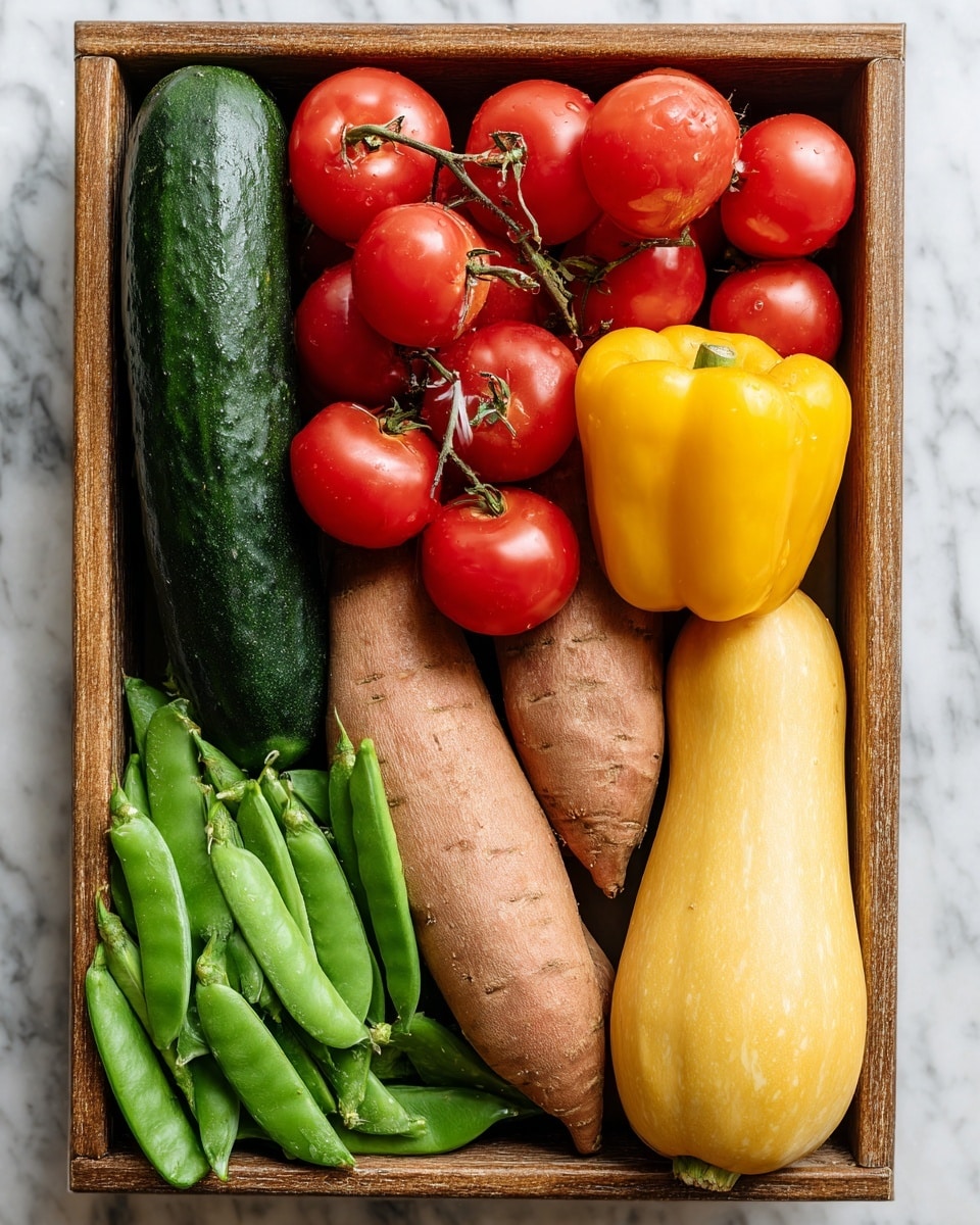 A close-up of a tray filled with fresh vegetables arranged in layers: at the bottom, a group of bright green sugar snap peas with smooth texture, placed next to two elongated sweet potatoes showing a rough, light brown skin; above them, a smooth, yellow squash lies horizontally across the image with a shiny yellow bell pepper standing upright to its right; on the top layer, a long dark green cucumber stretches across the back, with bunches of small, round, bright red tomatoes on the vine positioned on the left and right sides. The tray has a warm brown color, and the background is a white marbled texture. Photo taken with an iphone --ar 4:5 --v 7