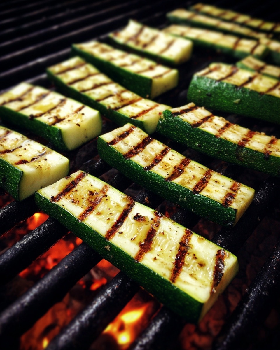 Long green zucchini slices are grilled directly on black grill bars with glowing orange coals below. Each slice has clear dark grill marks crossing its pale green and creamy white soft inside. The grill's rough texture contrasts with the smooth zucchini pieces scattered evenly across the bars. The scene feels warm and bright with light highlighting the vegetable's fresh look. Photo taken with an iphone --ar 4:5 --v 7