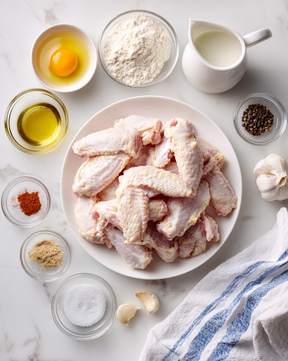 A white round plate filled with raw chicken wings, pale pink with some light yellow fat showing, is positioned in the center on a white marbled surface. Around the plate are small clear glass bowls containing various ingredients: one with an egg, one with olive oil, one with white flour, one with a light orange spice, one with black peppercorns, one with salt, and one with garlic powder. Additionally, there are several garlic cloves and a white ceramic small pitcher with cream near the top center. A white cloth with blue stripes is laid in the bottom right corner. Photo taken with an iphone --ar 4:5 --v 7