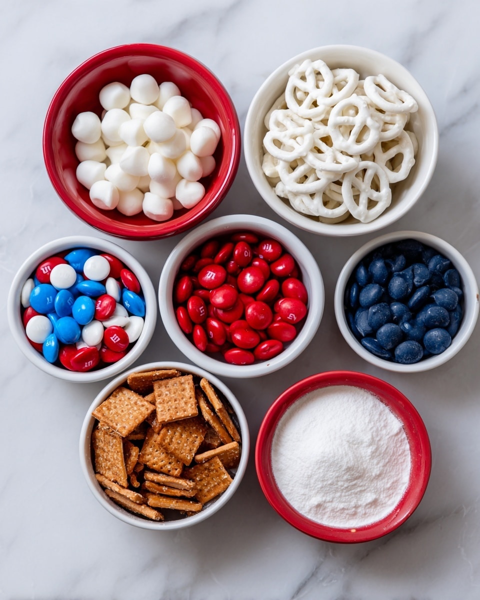 The image shows seven small bowls arranged on a white marbled surface. The top left bowl is red and filled with small white candies that look smooth and round. To its right is a white bowl filled with white yogurt-covered pretzels showing their twisty shape. Below the red bowl is a white bowl with small red candy melts, round and flat. In the center, there is a white bowl with red, white, and blue M&M candies, shiny and round. Below that is a white bowl filled with light brown shredded square cereal pieces with a textured surface. To the right of the cereal is another white bowl with dark blue candy melts that are flat and round. Finally, at the bottom, there is a red bowl filled with white powdered sugar, fine and fluffy in texture. The photo taken with an iphone --ar 4:5 --v 7