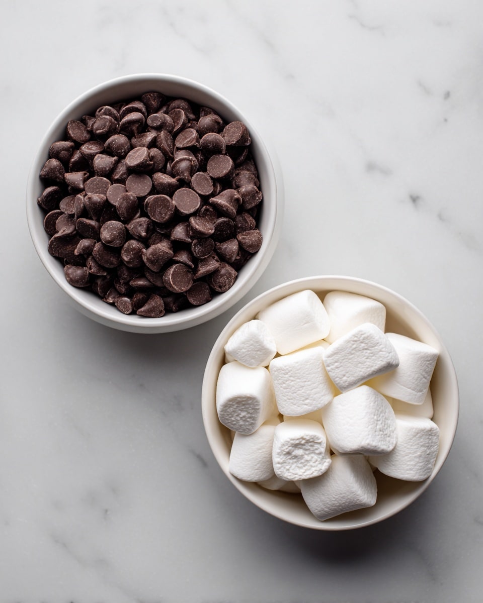 Two white bowls are placed side by side on a white marbled surface. The bowl on the left holds dark brown chocolate chips that have a smooth, slightly shiny texture and fill the bowl almost to the top. The bowl on the right contains large, soft, white marshmallows with a matte powdery surface, also filling the bowl near the top. Light falls evenly on both bowls, highlighting the different textures and colors clearly. photo taken with an iphone --ar 4:5 --v 7