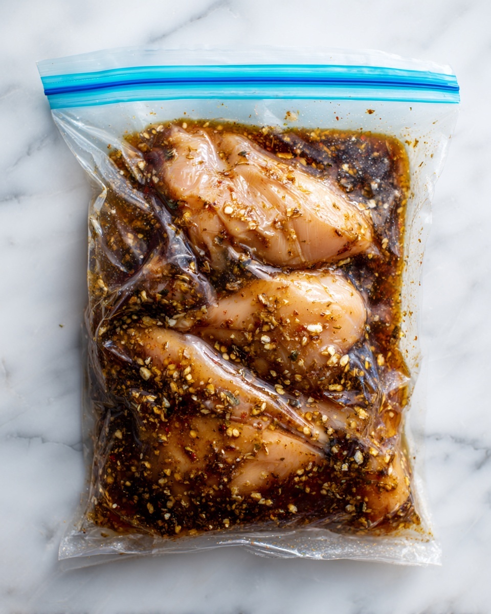 A clear plastic zipper bag lies flat on a white marbled surface. Inside the bag, two skinless chicken pieces are fully covered in a dark brown marinade with visible small light bits of garlic or spices evenly mixed throughout. The bag has a blue zipper seal at the top edge and shows slight wrinkles from the marinade and chicken pressing against the plastic. The chicken pieces are pale pink and are centered in the middle of the bag, with the marinade soaking around them. Photo taken with an iphone --ar 4:5 --v 7