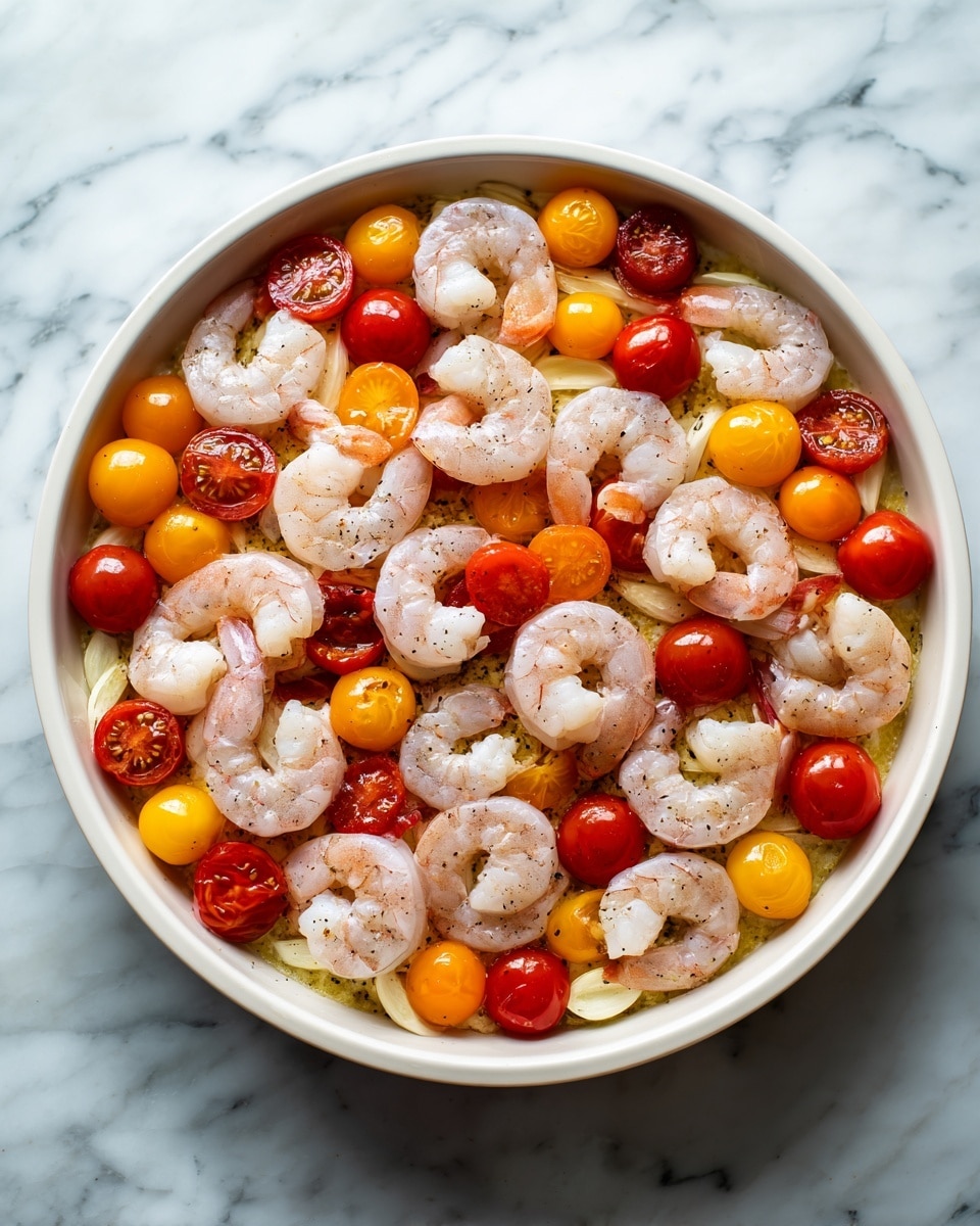 A white pan sits on a white marbled surface filled with three layers. The bottom layer has sliced garlic pieces scattered and lightly cooked with small brown spots. On top of the garlic, there are many whole and halved cherry tomatoes in two colors, bright red and orange, evenly spread across the pan. The top layer has large, pink and white shrimp arranged neatly in a circle covering almost the entire surface of the pan. The shrimp look cooked with a soft texture and gentle curves. Photo taken with an iphone --ar 4:5 --v 7