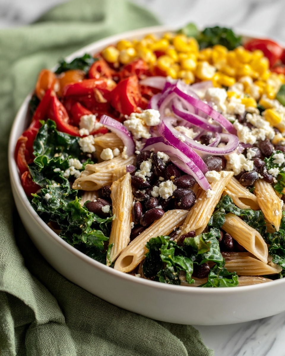 A large white bowl filled with a colorful pasta salad placed on a white marbled surface. The salad has one layer of pale penne pasta mixed with dark green kale pieces, black beans, and small soft yellow corn kernels. Scattered on top are bright red cherry tomato halves, charred red bell pepper strips, and several thin rings of light purple onion. Crumbled white cheese is sprinkled over the entire dish. A woman's hand holds a wooden spoon resting inside the bowl. The background shows a soft light green cloth draped loosely. Photo taken with an iphone --ar 4:5 --v 7