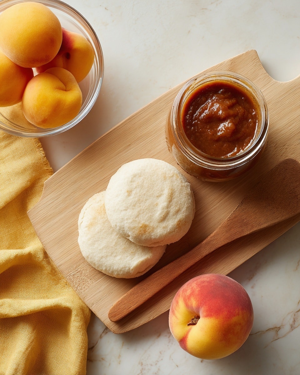 A white English muffin is open and laid flat on a light wooden cutting board with a smooth wooden spreader placed diagonally across the board. Next to the muffin is a small glass jar filled with thick brown sauce and partly visible golden metal lid next to the jar. To the right of the spreader and jar, there is a ripe reddish-yellow peach resting directly on the cutting board. In the upper left corner, part of a clear glass bowl holding bright orange peaches sits on a folded yellow cloth on a white marbled surface. photo taken with an iphone --ar 4:5 --v 7