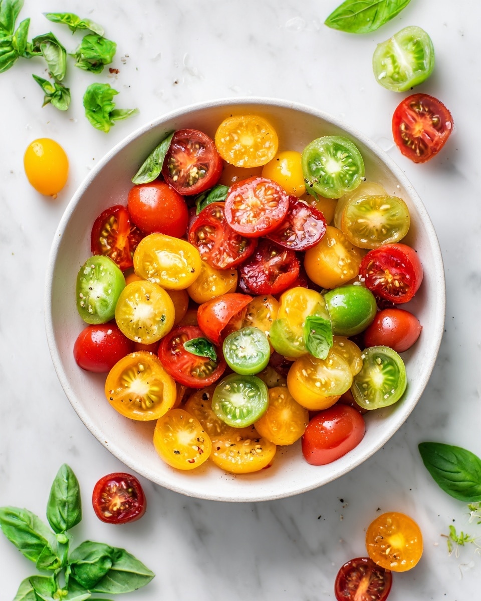A bowl filled with a mix of cherry tomatoes sliced in half, showing three types: bright yellow, deep red, and light green with visible seeds and a shiny, smooth texture. The bowl is white and sits on a white marbled surface. Around the bowl are scattered fresh, green basil leaves and a few loose tomato pieces, adding a touch of natural color and freshness. The overall look is vibrant and fresh, with a natural shine on the tomatoes and leaves. photo taken with an iphone --ar 4:5 --v 7