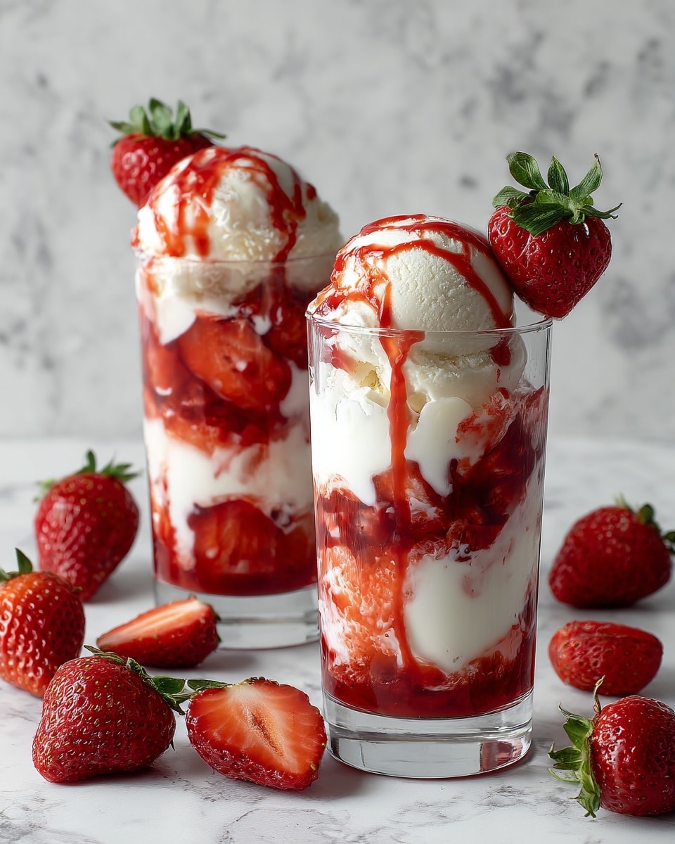 Two clear glasses each have three layers: the bottom is a thick red strawberry sauce, the middle is a creamy white layer with a smooth texture, and the top is a scoop of creamy white ice cream with red strawberry sauce drizzled over it. Each glass is decorated with a halved fresh strawberry with green leaves on top. Around the glasses on a white marbled surface, there are whole and halved fresh strawberries. Photo taken with an iphone --ar 4:5 --v 7