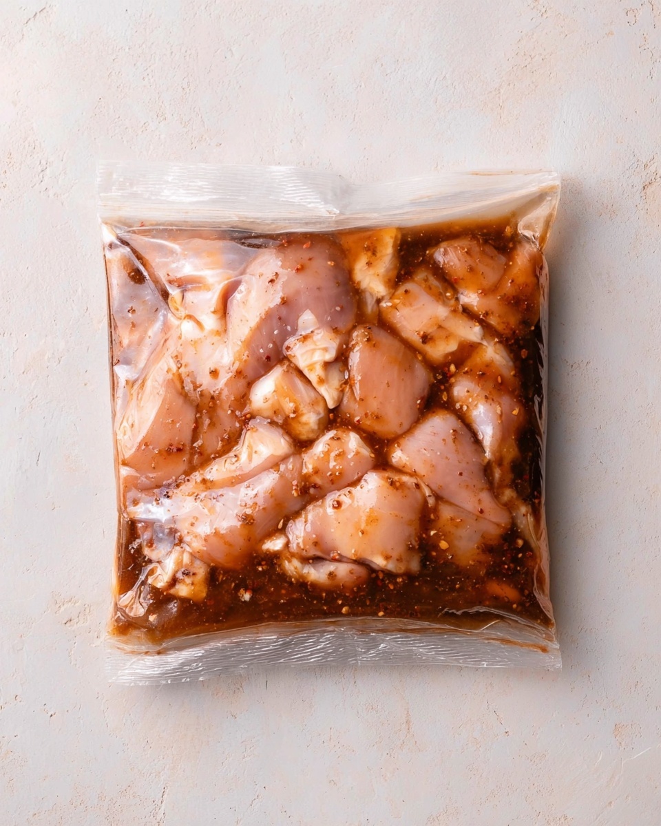 A clear plastic bag filled with raw chicken pieces soaked in a dark brown marinade. The chicken pieces are light pink, visible through the shiny plastic, and spread evenly inside the bag. The marinade has a smooth texture with small bits of seasoning floating in it. The bag is placed flat on a white marbled surface, with no other objects around. photo taken with an iphone --ar 4:5 --v 7