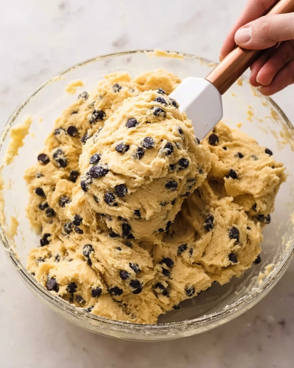 A clear glass bowl filled with a large scoop of thick, pale yellow dough mixed evenly with many small, dark chocolate chips. A woman's hand is holding a white spatula with a copper handle, lifting a portion of the dough. The background and surface have a white marbled texture, enhancing the warm, soft look of the dough. photo taken with an iphone --ar 4:5 --v 7