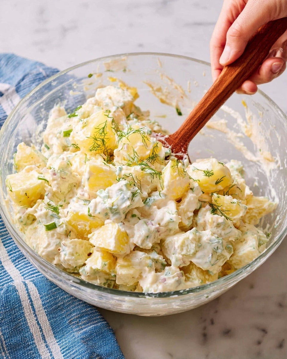 A clear glass bowl filled with a creamy potato salad showing visible chunks of soft pale yellow potato pieces scattered throughout. The salad is coated with thick white dressing with bits of green herbs and some small pieces of onion mixed in. A woman's hand holds a brown wooden handle spatula stirring the salad gently. The bowl sits on a white marbled surface with a blue and white striped cloth nearby, adding a casual kitchen feel. photo taken with an iphone --ar 4:5 --v 7