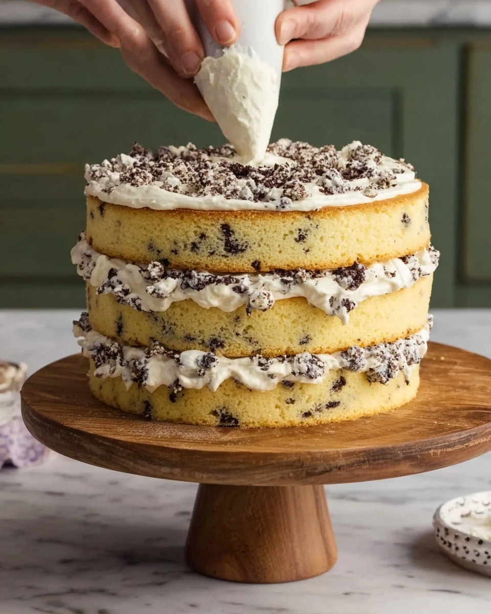 The image shows a three-layer cake with chocolate bits inside each light yellow layer. Between the layers, there is a thin spread of white frosting with small dark pieces mixed in. The top layer is being covered with more white frosting that also has chocolate bits scattered throughout, applied from a piping bag held by a woman's hand. The cake is placed on a wooden cake stand, and the scene has a white marbled surface background. Photo taken with an iphone --ar 4:5 --v 7