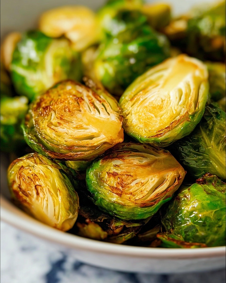 A close-up photo of several roasted Brussels sprouts that are halved and piled inside a white bowl. The sprouts show layered thickness with vibrant green outer leaves and a golden-brown caramelized center that has a slightly crispy texture. The light shines on the curved leaves, highlighting their freshness and the browned edges. The white bowl sits against a softly blurred white marbled texture background. photo taken with an iphone --ar 4:5 --v 7