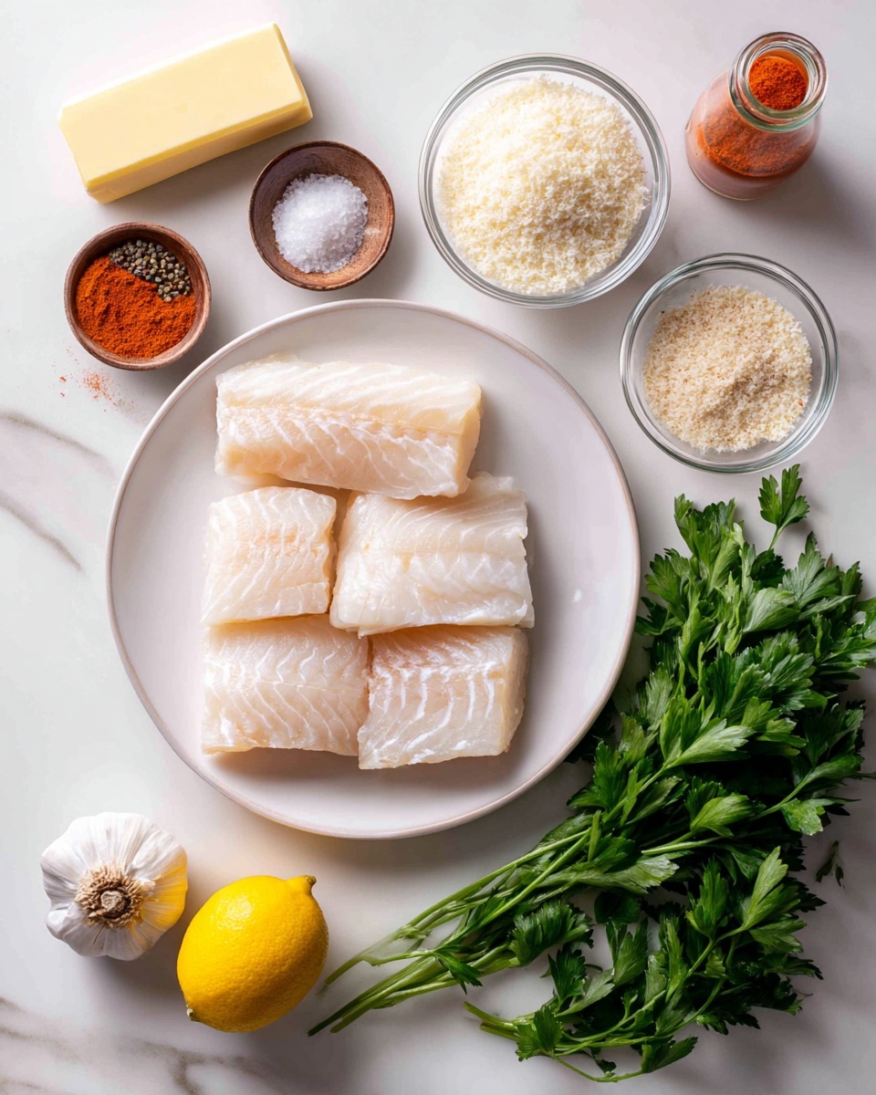 The image shows a clean white marbled surface with several cooking ingredients neatly arranged. At the center bottom is a white plate holding four thick, pale pink cod fillets with visible layers and slight texture. Above the plate, there is a stick of pale yellow butter, a small glass bowl with pale white grated Parmesan cheese, and another small glass bowl containing light tan panko crumbs. To the right, there is a small brown bowl of white salt, a small brown bowl of coarse black pepper, and a clear glass bottle of reddish-orange paprika. A whole bulb of white garlic and a bright yellow lemon are next to the bowls. At the bottom right corner, there are bunches of fresh, dark green parsley leaves with detailed veins and texture. The scene is bright with soft shadows, clean, and minimalist, photo taken with an iphone --ar 4:5 --v 7