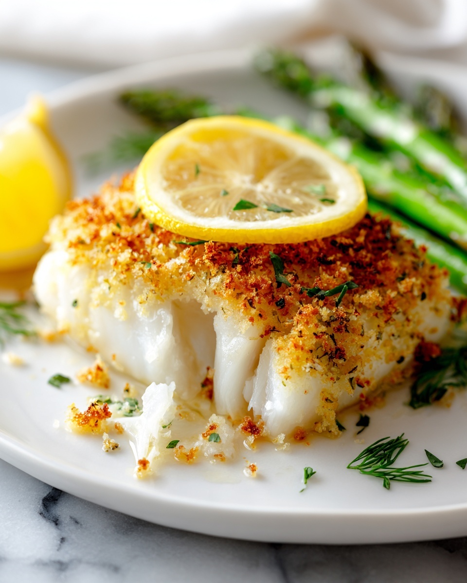A close-up of a piece of white fish with a golden brown crumbly crust on the right side, broken into flaky layers showing soft white inside. Above the fish is a bright yellow lemon wedge with a smooth texture. On the upper right part of the plate, there are green asparagus spears with a fresh look. The food sits on a white plate with a few small green herb pieces scattered around, all placed on a white marbled surface. Photo taken with an iphone --ar 4:5 --v 7