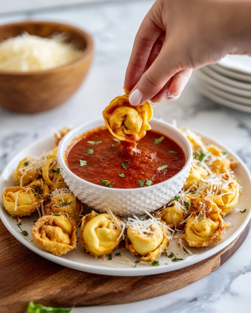 A woman's hand is dipping a golden brown, crisp tortellini into a small white bowl filled with bright red marinara sauce, topped with small green herbs. The white plate around the bowl is full of the same golden tortellinis sprinkled with shredded white cheese and green herbs. In the background, there is a blurred stack of white plates and a wooden bowl with shredded cheese. The whole scene is set on a white marbled surface. photo taken with an iphone --ar 4:5 --v 7