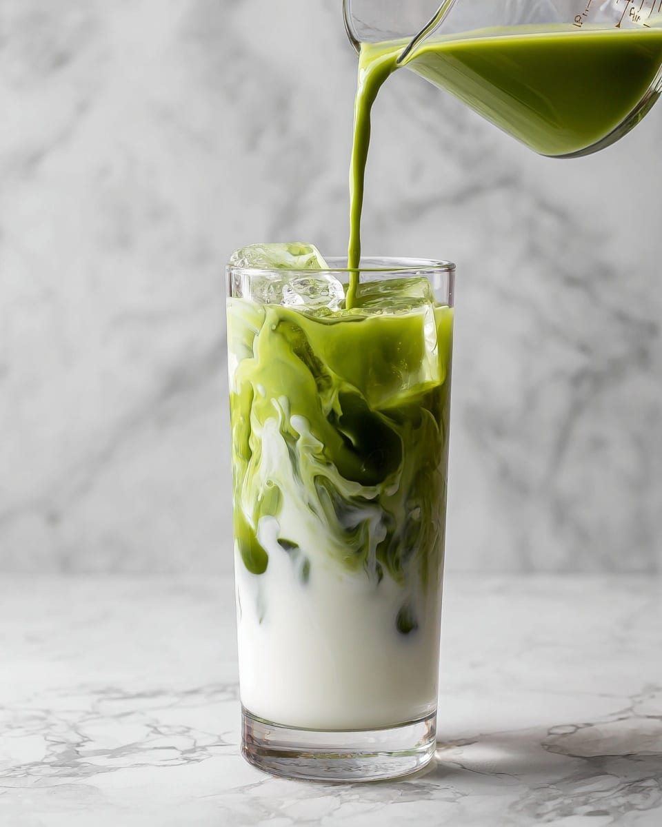 A clear tall glass filled with ice cubes and white milk at the bottom half, while a green tea liquid is being poured from a transparent measuring cup into the top half, creating a swirl effect as the green mixes with the milk. The background is a white marbled texture, highlighting the contrast between the white milk and green tea layers. photo taken with an iphone --ar 4:5 --v 7