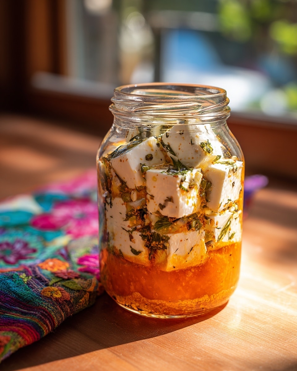 A clear glass jar filled with three visible layers: the bottom layer is a thick orange sauce with a smooth texture, the middle and top layers consist of creamy white cheese cubes mixed with small green herb pieces and bits of seasoning, all coated in a glossy, oily marinade that adds shine and moisture. The jar is placed on a wooden surface with a colorful cloth featuring floral patterns slightly visible to the left, with a blurred indoor background showing window light and greenery. Photo taken with an iphone --ar 4:5 --v 7
