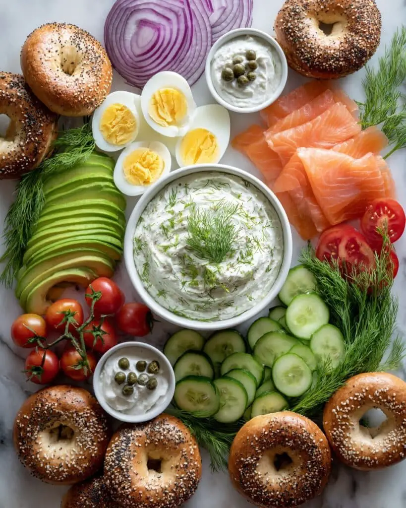 Bagel Board with Smoked Salmon Dip, Veggies, and Assorted Toppings Recipe