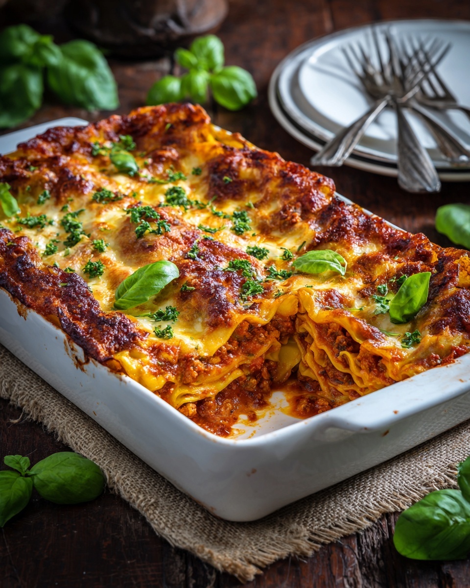 A white rectangular baking dish holds a rich lasagna divided into six pieces, showing multiple layers of browned melted cheese, bright tomato sauce mixed with ground meat, and soft pasta sheets that peek on the edges. The top layer is golden with slightly crispy spots, sprinkled with fresh green parsley and basil leaves scattered across. The dish sits on a dark wooden table with fresh basil leaves around it, and a white marbled surface is partly visible near the top edge of the image. Nearby are two silver forks resting on a white plate with beige burlap beneath it. photo taken with an iphone --ar 4:5 --v 7