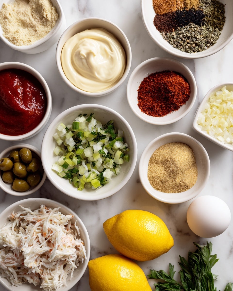 Several white bowls filled with different ingredients are arranged on a white marbled surface. At the top left is a bowl with a deep red sauce, below it a bowl with creamy white mayo. To the right of these is a bowl with light beige crumbs, a bowl with mixed spices (deep red, brown, black, and white), and below these are finely chopped white onions and green celery in separate bowls. Near the bottom are a bowl filled with shredded white crab meat, a bowl with whole capers, and two fresh yellow lemons placed side by side. Also visible are small bowls with beige minced ginger, grainy mustard, and smooth yellow mustard. There are fresh green herbs scattered beside the bowls. A single white egg is positioned to the right near the onions and spices. Photo taken with an iphone --ar 4:5 --v 7