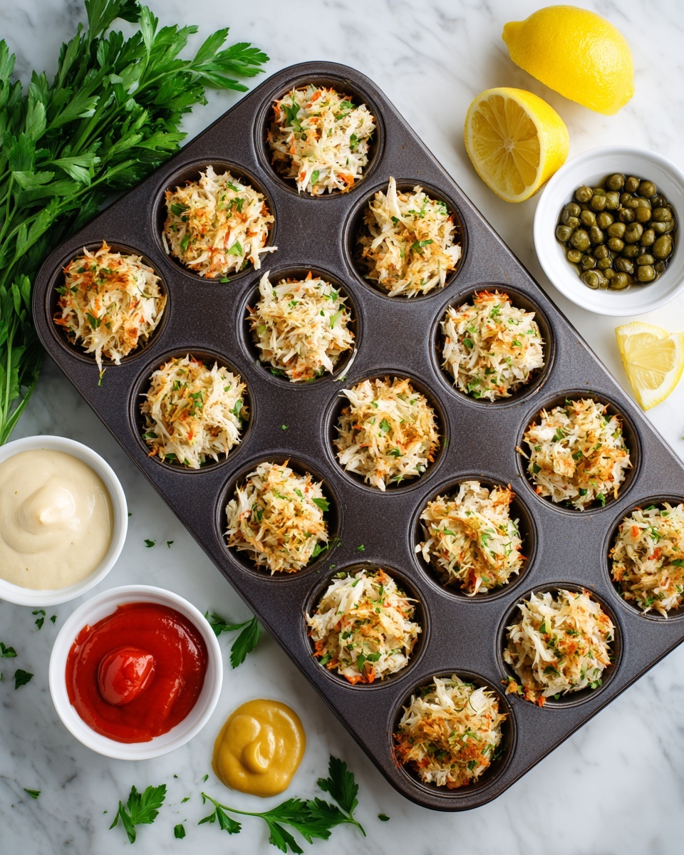 A dark muffin tray with 24 compartments is filled with a mixture of finely shredded white crab meat and small light brown crumbs with hints of green, likely chopped herbs, evenly spread in each compartment. Surrounding the tray on a white marbled surface are four small white bowls with different sauces or ingredients: bright red sauce, dark green capers in water, a small dollop of smooth golden yellow mustard, and a creamy white mayonnaise-like sauce. There are sprigs of fresh green parsley and a whole bright yellow lemon placed near the bowls, adding fresh color contrast to the scene. Photo taken with an iphone --ar 4:5 --v 7