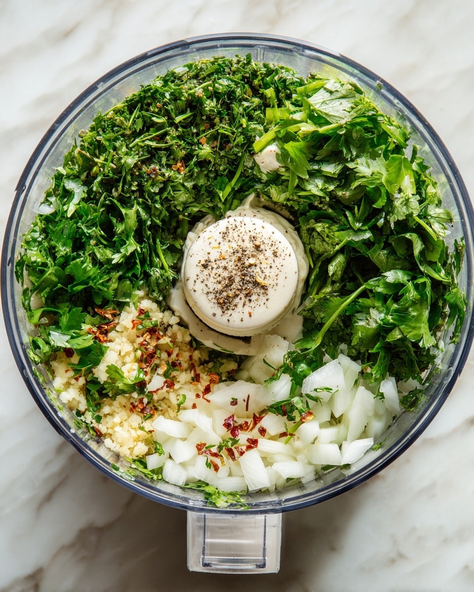 Inside a clear food processor bowl on a white marbled surface, there are several fresh green herb layers, mainly parsley and cilantro, filling the top half with lush, leafy textures. Below the herbs are chopped white onions scattered around, mixed with a smaller amount of light tan minced garlic, and some red pepper flakes adding speckled color. At the center, there is a dollop of creamy white sauce sprinkled with ground black pepper, all arranged in a neat and fresh way. The clear food processor sits on a white base. Photo taken with an iphone --ar 4:5 --v 7