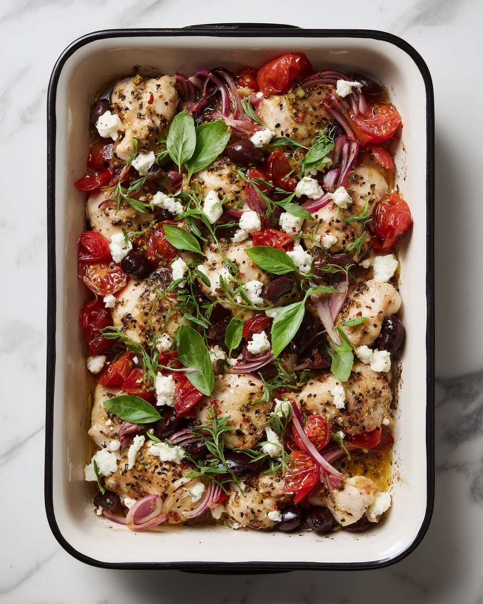 In a white rectangular baking dish with black trim, there are several layers of ingredients visible. The bottom layer consists of light beige raw chicken pieces, partially covered with greenish herbs and seasonings. On top are chunks of white crumbled cheese scattered unevenly. Bright red cherry tomato halves are spread across the dish, mixed with dark purple sliced olives. Thin strips of green fresh basil are scattered over everything, adding a fresh touch. The dish sits on a white marbled surface. Photo taken with an iphone --ar 4:5 --v 7