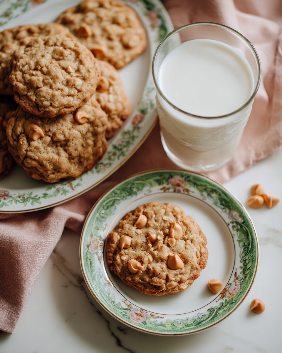 A close-up image shows five light brown oatmeal cookies with butterscotch chips on a white, oval plate with green and gold edges and floral details, placed on a soft pink cloth on a white marbled surface; in front, one cookie is on a small white plate with similar floral and gold-green design, next to a clear glass filled almost to the top with creamy white milk, with a few butterscotch chips scattered near the small plate, photo taken with an iphone --ar 4:5 --v 7