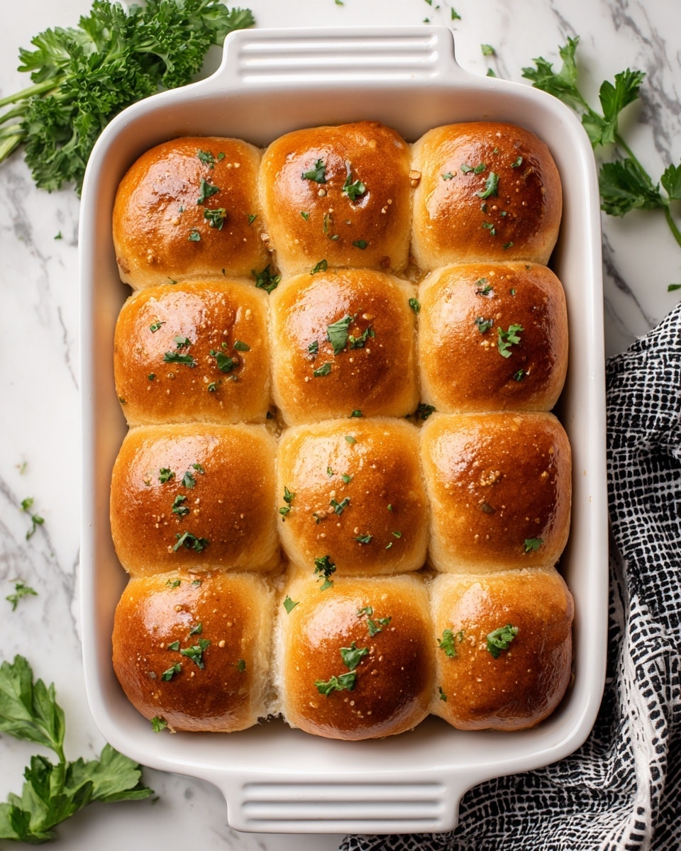 A white ceramic baking dish holds twelve golden brown slider buns arranged in a 3 by 4 grid, each topped with small bits of green parsley. The buns have a shiny, slightly textured top and a soft, fluffy look on the sides where they press together. The dish rests on a white marbled surface, with some green parsley leaves placed nearby and a small part of a black and white patterned cloth visible at the bottom right corner. Photo taken with an iphone --ar 4:5 --v 7